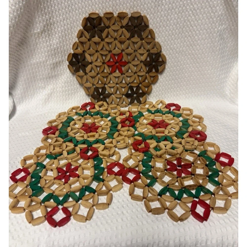 Set of 5 Vintage Wooden Bead and Bamboo Trivets Hot Pads Folk Art Retro MCM 7